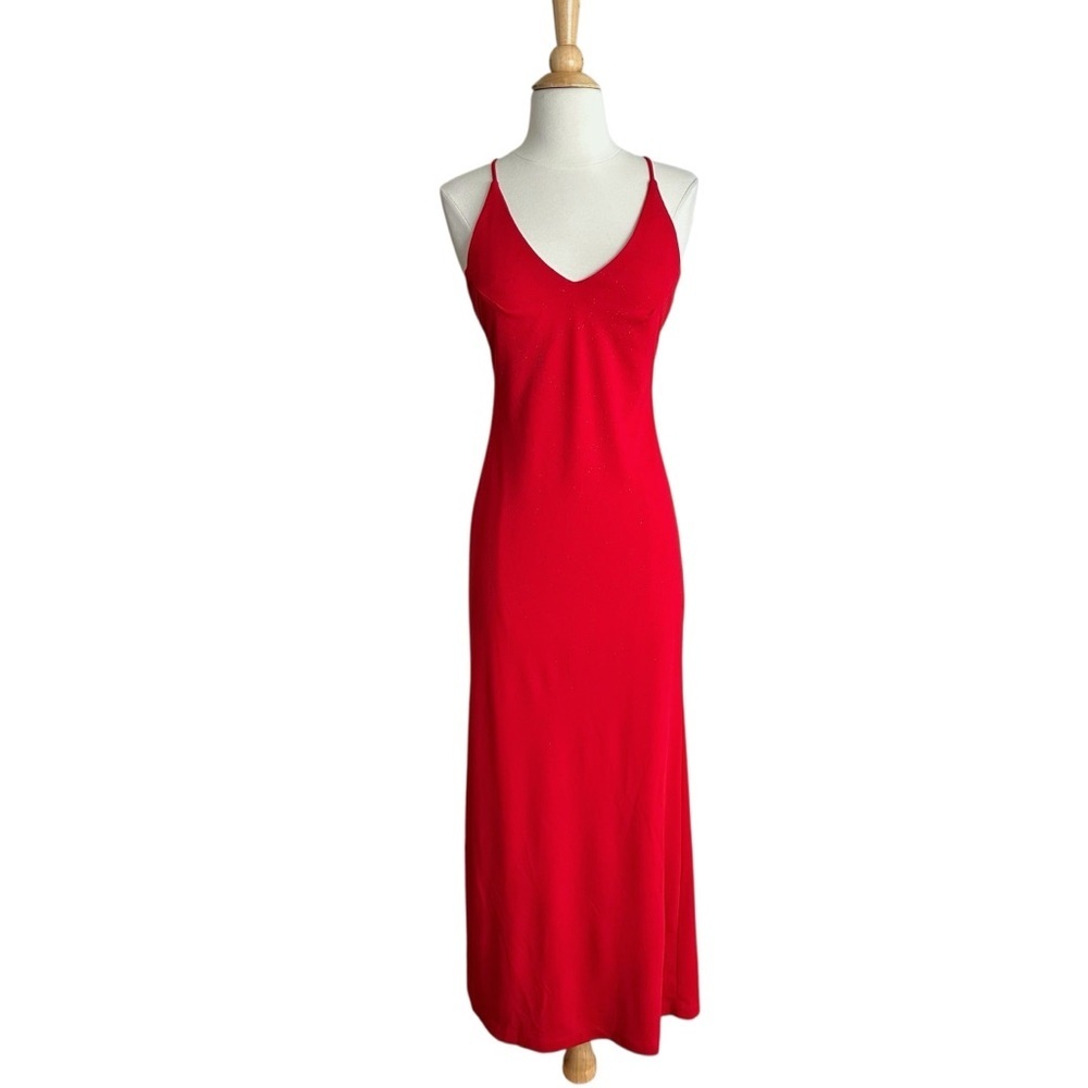 Rampage Red Maxi Slip Dress Y2K Rhinestone Glam Holiday Party Crisscross Back M‎